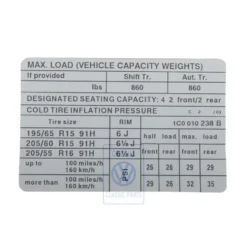 1C0 010 238 B : Autocollant de données pour VW New Beetle